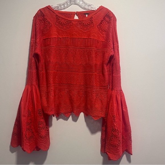Free People Once Upon A Time Top – Red/Orange Lace Bell Sleeve Blouse - Picture 4 of 15